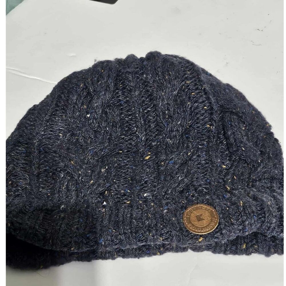 Kooringal Speckled Knit Beanie Navy Fleck Winter Hat Leather Patch